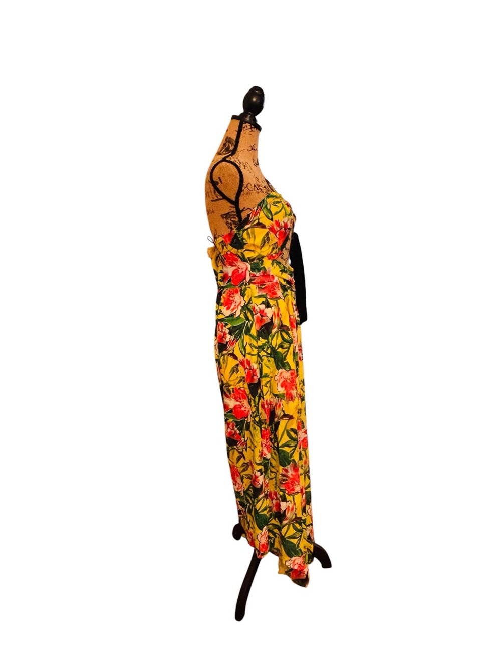 SHEIN Yellow Tropical Floral One-Shoulder Cutout Wide Leg Pants Large 6 0588 - Picture 3 of 9